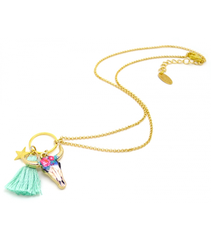 Collier Tête de Buffle et pompon - Bijoux fantaisie créateur