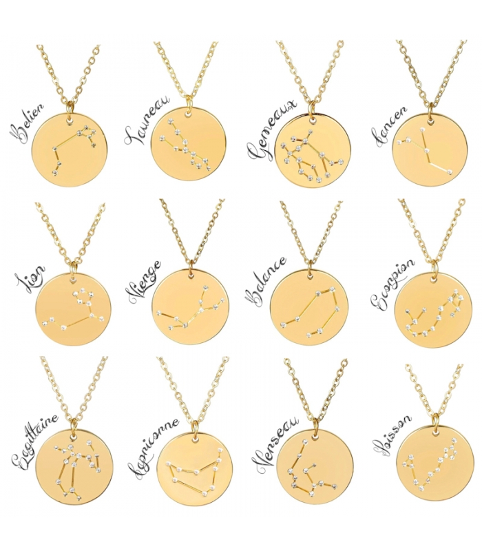 Collier Constellation des Gémeaux en acier inox doré et strass - Les