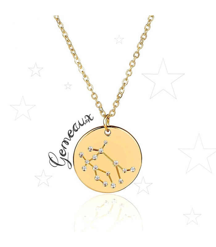 Collier Constellation des Gémeaux en acier inox doré et strass - Les