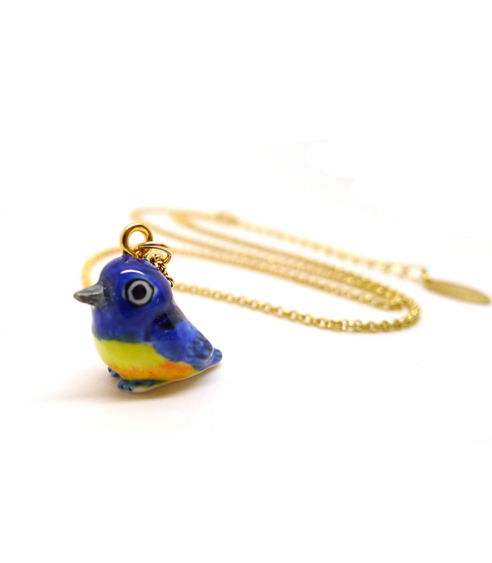 Collier Petit Oiseau Bleu - Bijoux animaux en porcelaine - Les Bijoux