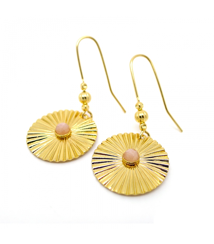 Boucles d'oreilles Astre Pierre de Lune rose doré à l'or fin 24 carats -