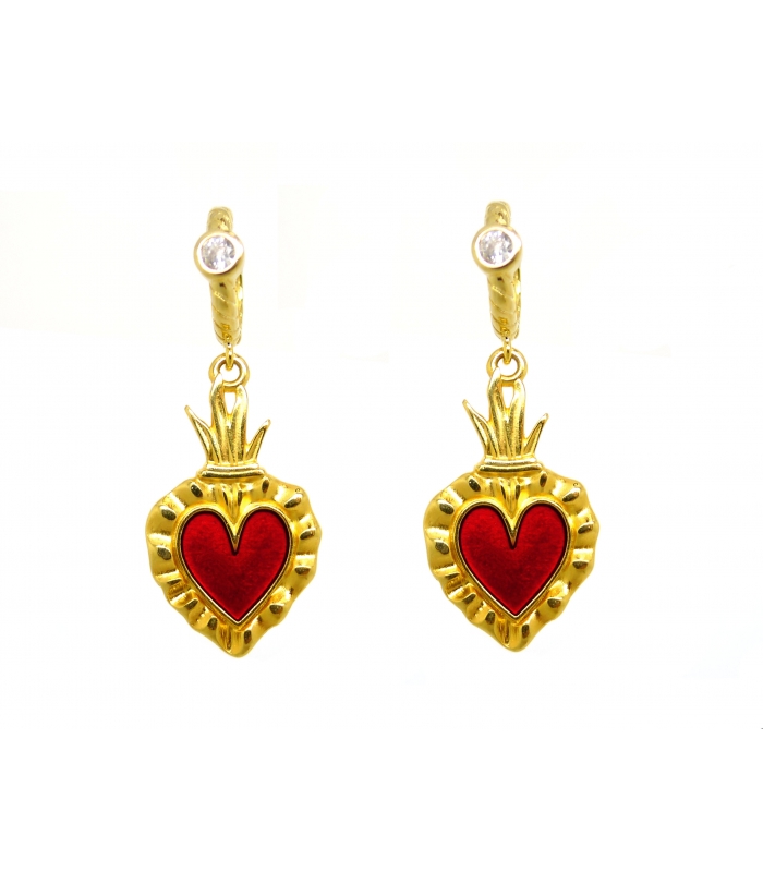 Boucles d'oreilles Ex Voto (coeur sacré) rouge doré à l'or fin 24 carats -