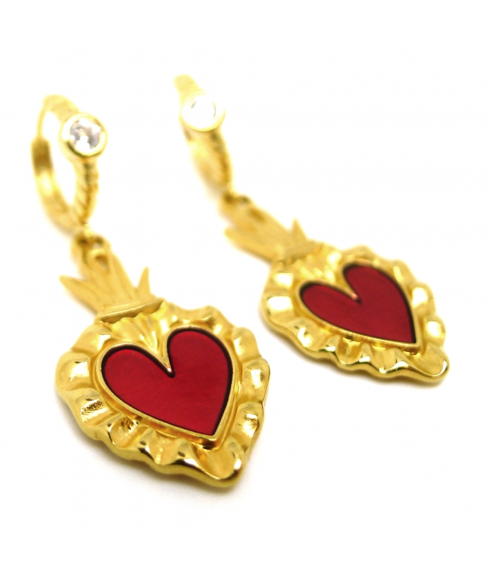 Boucles d'oreilles Ex Voto (coeur sacré) rouge doré à l'or fin 24 carats -