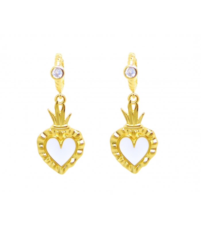 Boucles d'oreilles Ex Voto (coeur sacré) blanc doré à l'or fin 24 carats -
