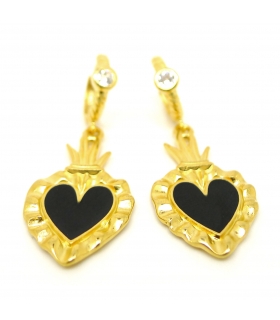 Boucles d'oreilles Ex Voto (coeur sacré) noir doré à l'or fin 24 carats -