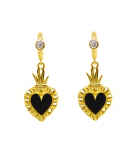 Boucles d'oreilles Ex Voto (coeur sacré) noir doré à l'or fin 24 carats -