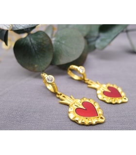Boucles d'oreilles Ex Voto (coeur sacré) rouge doré à l'or fin 24 carats -