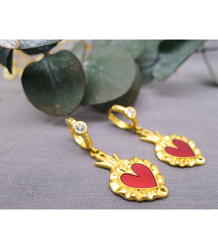 Boucles d'oreilles Ex Voto (coeur sacré) rouge doré à l'or fin 24 carats -