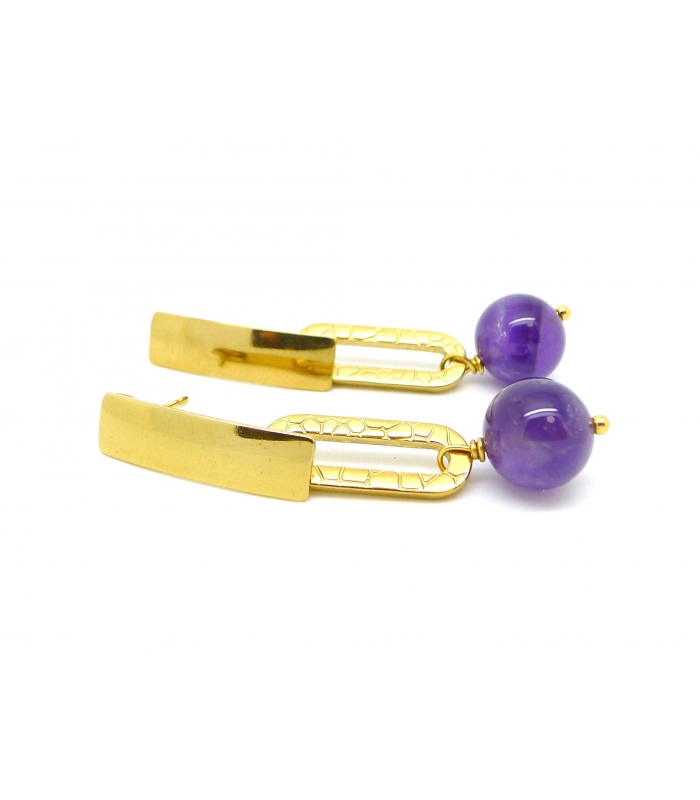 Boucles d'oreilles Arty en pierre naturelle et acier inox doré - Améthyste