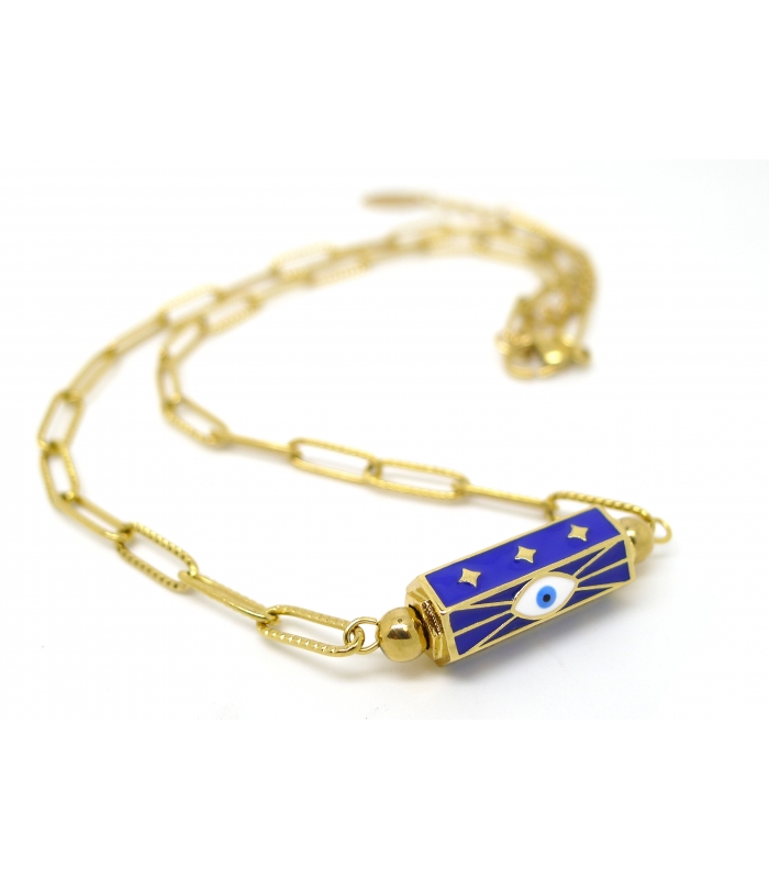 Collier Amulette Oeil Bleu étoilé et chaine maille rectangle - Les Bijoux