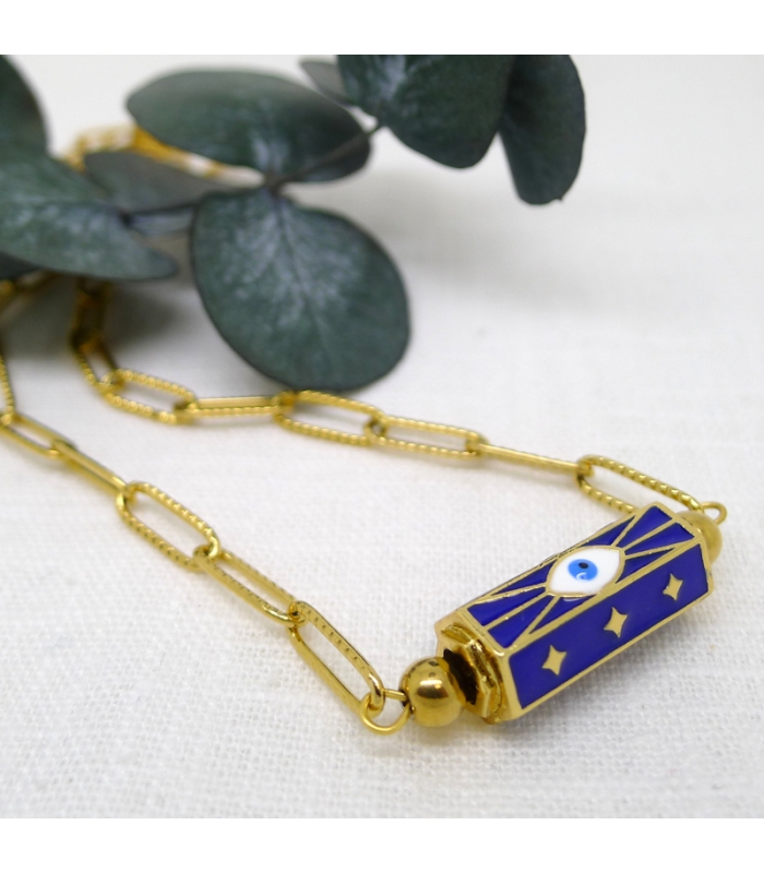 Collier Amulette Oeil Bleu étoilé et chaine maille rectangle - Les Bijoux