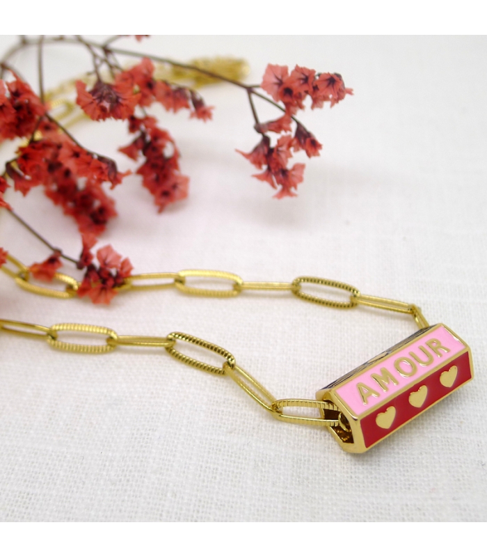 Collier Amulette Amour et chaine maille rectangle - Les Bijoux Acidules