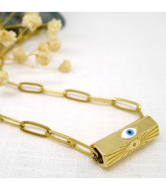 Collier Amulette Oeil Bleu et chaine maille rectangle - Les Bijoux Acidules
