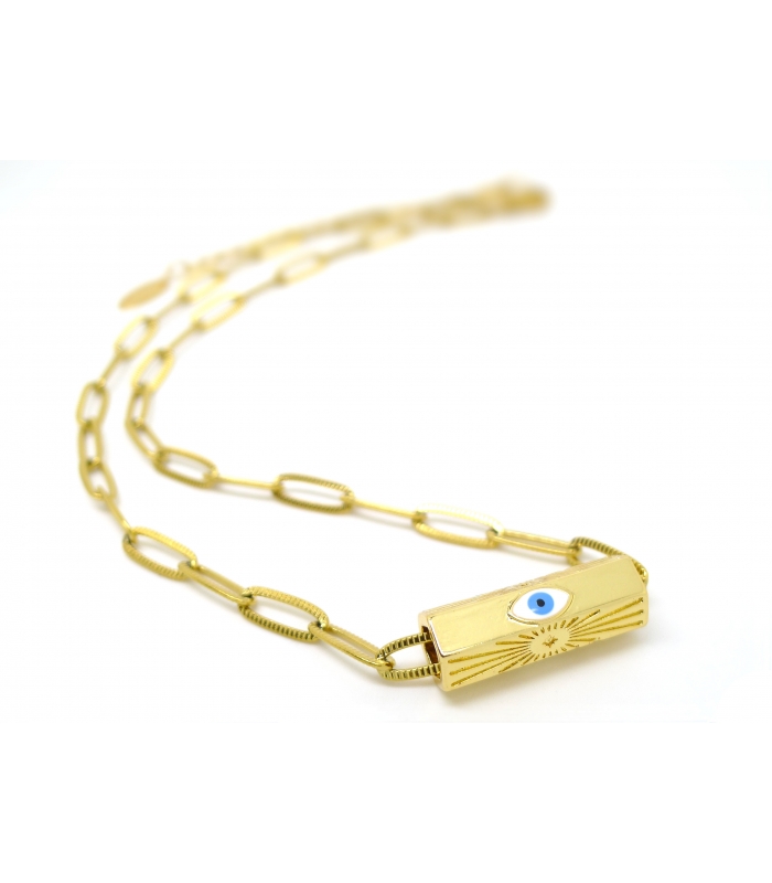 Collier Amulette Oeil Bleu et chaine maille rectangle - Les Bijoux Acidules