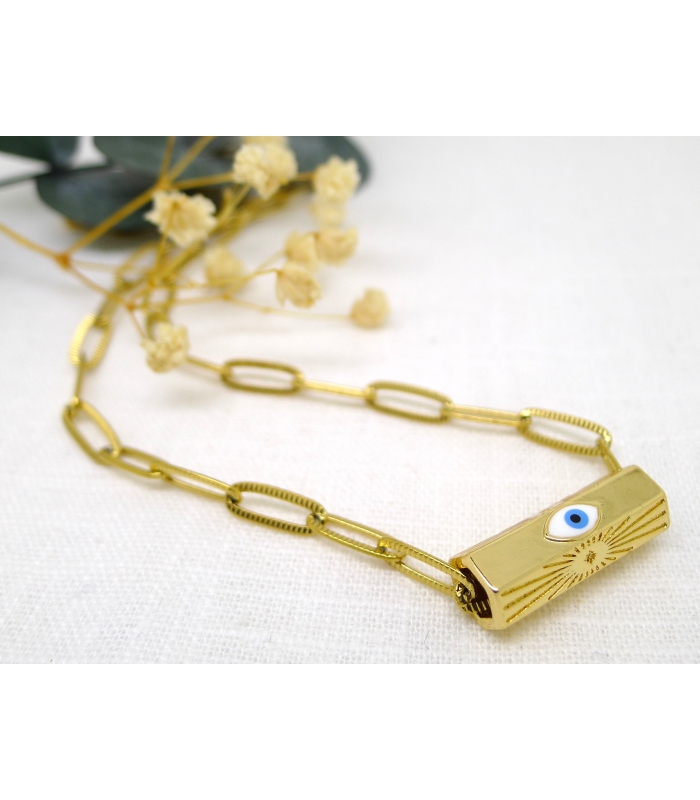 Collier Amulette Oeil Bleu et chaine maille rectangle - Les Bijoux Acidules