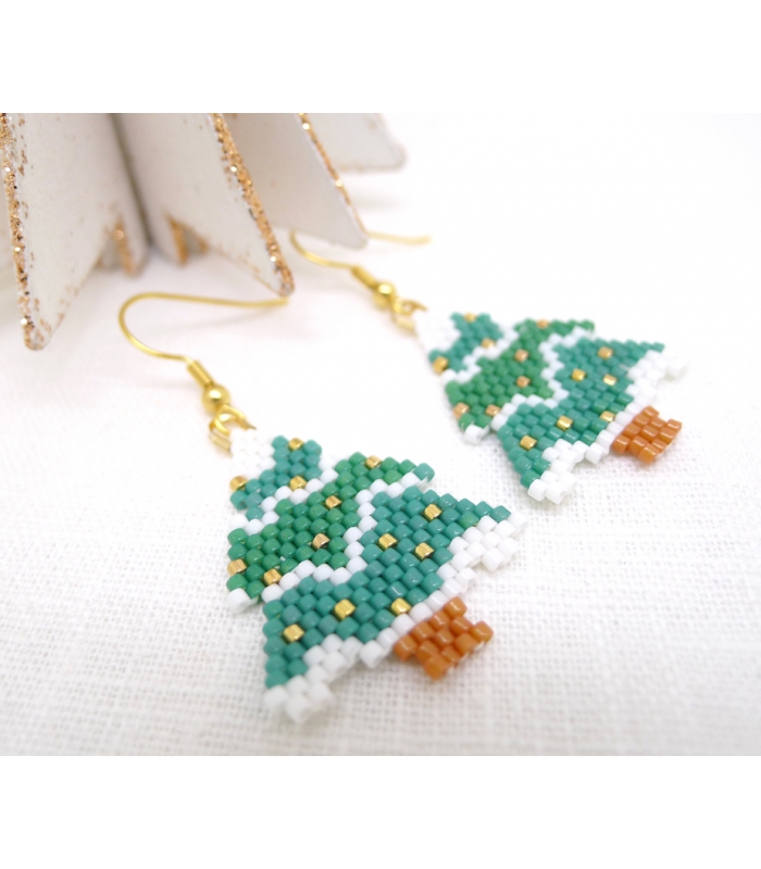 Boucles d'oreilles Sapin enneigé - Tissage Miyuki - Les Bijoux Acidules