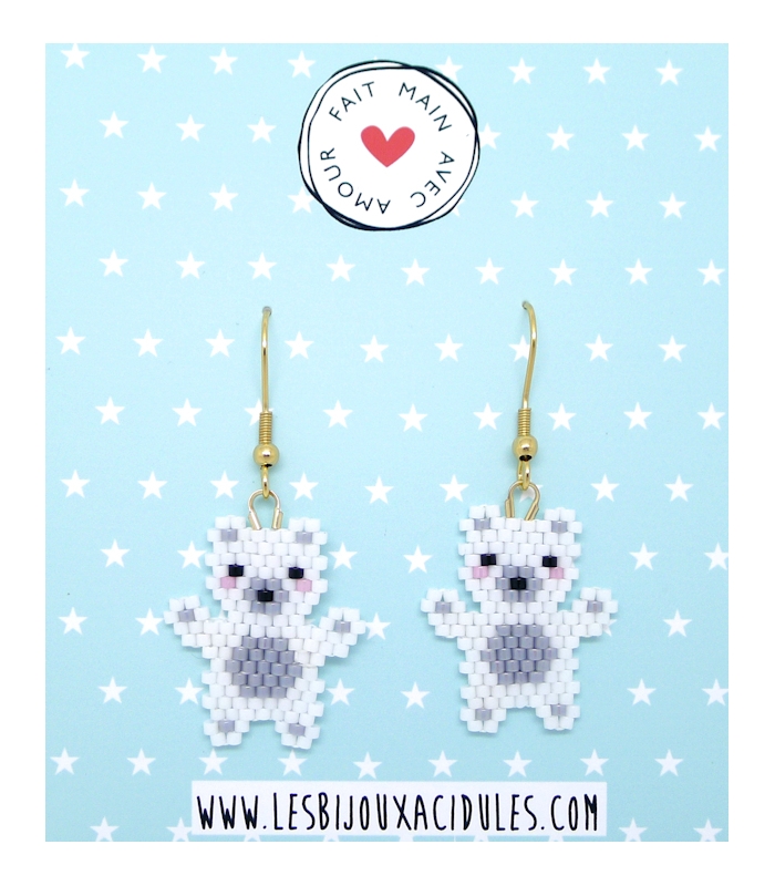 Boucles Ours Blanc - Tissage Miyuki - Les Bijoux Acidules
