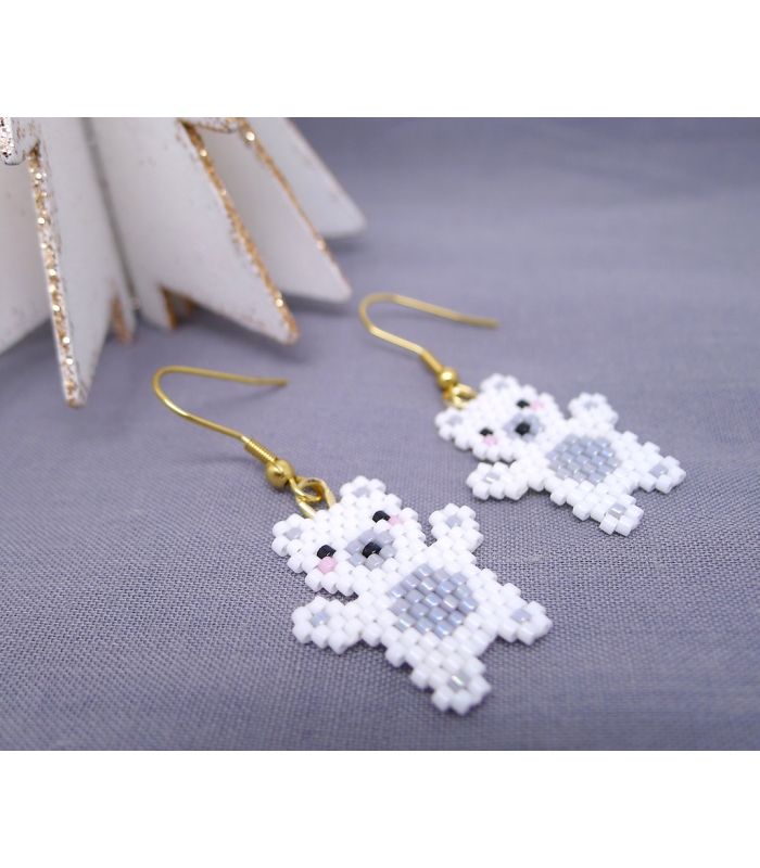 Boucles Ours Blanc - Tissage Miyuki - Les Bijoux Acidules