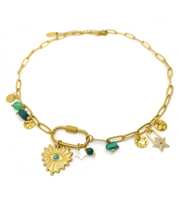 Collier à breloques Oeil Vert – Charms protecteurs & pierres naturelles -
