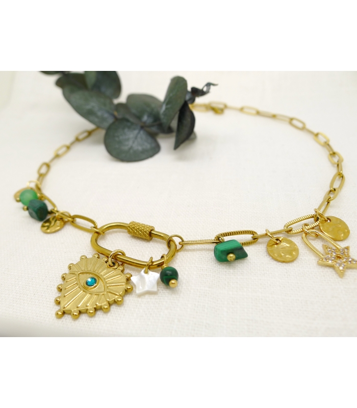 Collier à breloques Oeil Vert – Charms protecteurs & pierres naturelles -