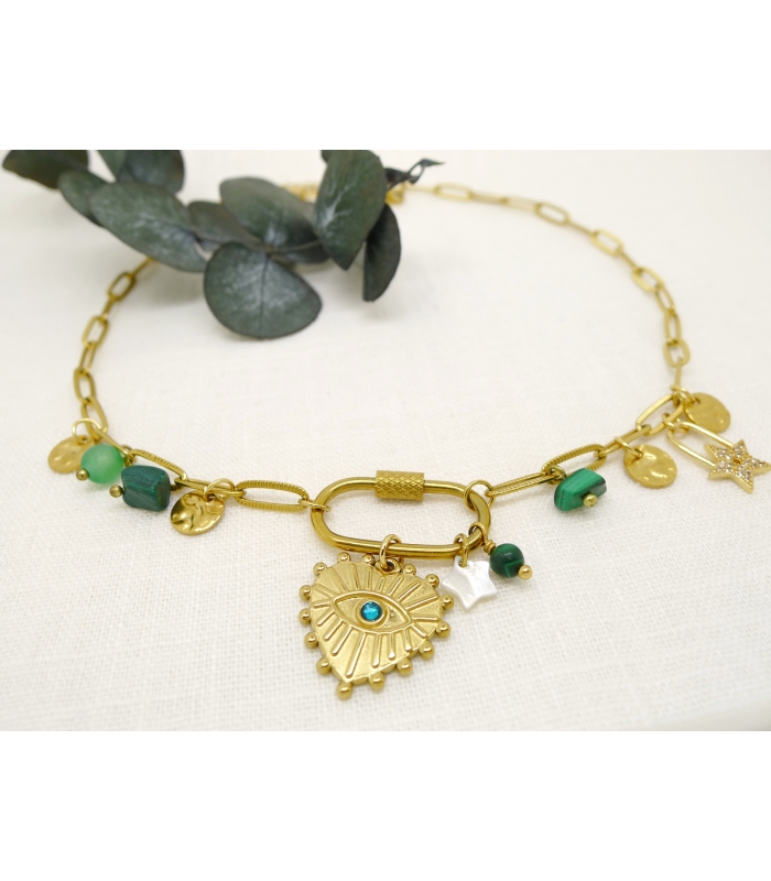 Collier à breloques Oeil Vert – Charms protecteurs & pierres naturelles -