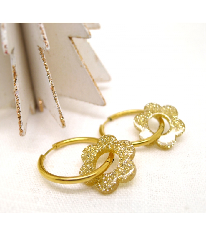 Boucles d'oreilles Créoles à Fleurs dorées - Bijoux festif - Les Bijoux