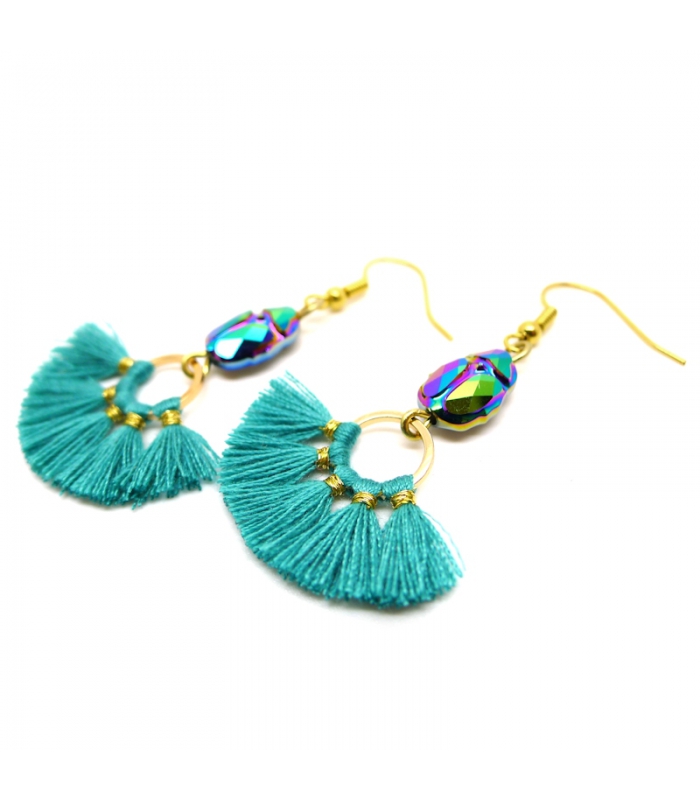 Boucles d'oreilles Scarabée cristal et pompon - Bijoux Bohème  - Les Bijoux Acidules