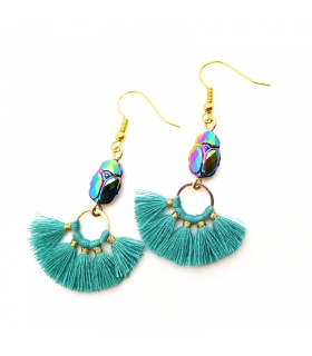 Boucles d'oreilles Scarabée cristal et pompon  - Bijoux Bohème  - Les Bijoux Acidules